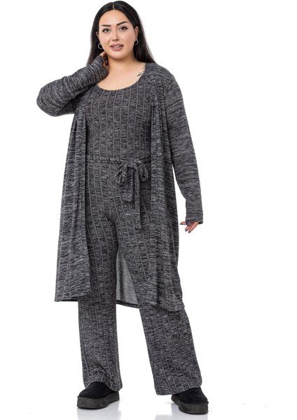 Büyük Beden Tulum Hırka Triko Siyah Ikili Takım