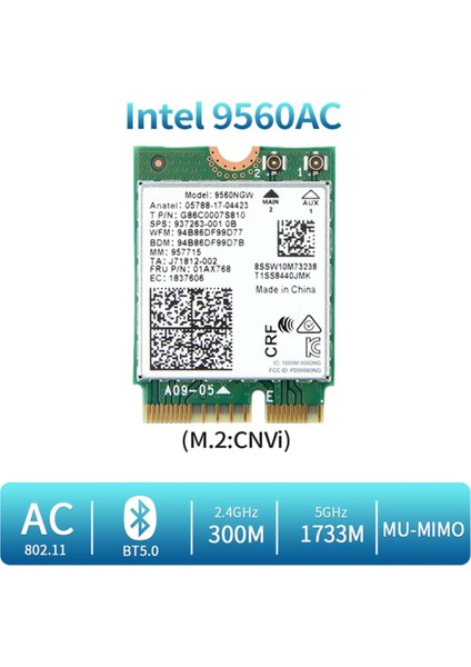 2x 1730 Mbps Çift Bant Kablosuz Ac 9560 Masaüstü Kiti Bluetooth 5.0 802.11AC M.2 Cnvı 9560NGW Wifi Kartı (Yurt Dışından) fiyatları