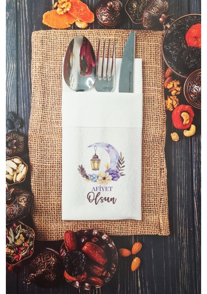 Kumaş Dokulu Afiyet Olsun Ramazan Peçetesi Cepli Peçete 6 Adet