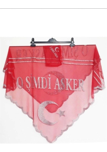 Kırmızı ''o Şimdi Asker'' Yazılı Asker Şalı