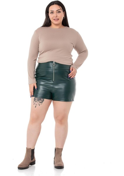 Büyük Beden Fermuar Kapamalı Haki Deri Şort