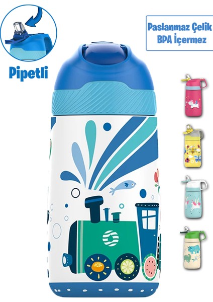 Çocuk 350 ml Pipetli Çelik Matara Paslanmaz Çelik Termos 5 Farklı Renk 2055-350ML