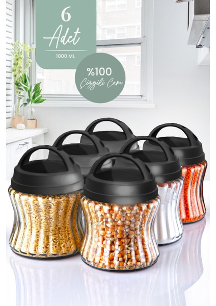 Kitchen Life 6 Adet Cam Çizgili Kavanoz Seti 1000 ml -Baharatlı Çay Şeker Saklama Kabı