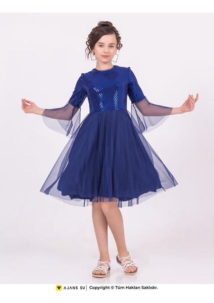 Kız Çocuk Mezuniyet Elbisesi Tüllü Kısakol Pul Detaylı Günlük Stil Beyaz