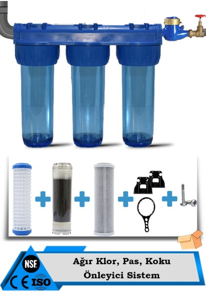 Daire Bina Sayaç Girişi 3 Aşama Su Arıtma Cihazı Koku ,klor Pas,tortu Önleyici Yumuşatma Sistemi