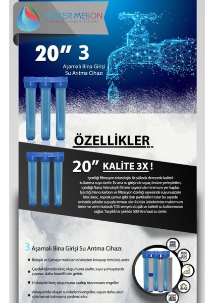 Daire Bina Sayaç Girişi 20" 3 Aşama Su Arıtma Cihazı (Koku ,pas ,çamur Önleyici Yumuşatma Sistemi) fırsatları