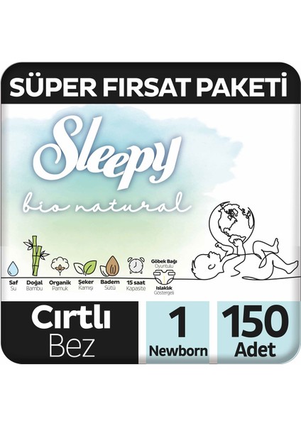 Bio Natural Süper Fırsat Paketi Bebek Bezi 1 Numara Newborn 150 Adet