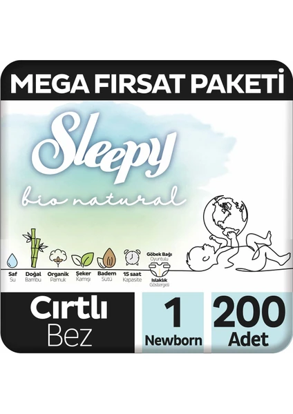 Bio Natural Mega Fırsat Paketi Bebek Bezi 1 Numara Newborn 200 Adet