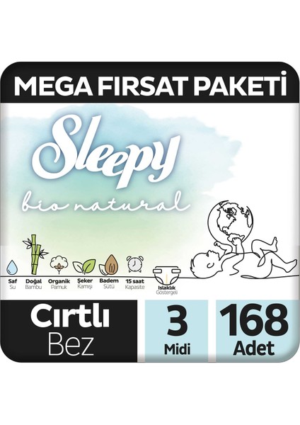 Bio Natural Mega Fırsat Paketi Bebek Bezi 3 Numara Midi 168 Adet