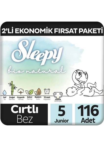 Bio Natural 2'li Ekonomik Fırsat Paketi Bebek Bezi 5 Numara Junior 116 Adet