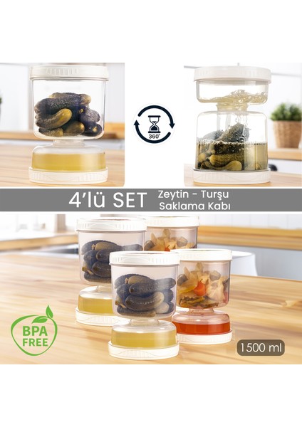 4'lü Set Süzgeçli Sızdırmaz Turşuluk Çevir Kullan Zeytinlik Saklama Kabı 1,5 Lt Şeffaf