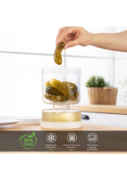 4'lü Set Süzgeçli Sızdırmaz Turşuluk Çevir Kullan Zeytinlik Saklama Kabı 1,5 Lt Şeffaf modelleri