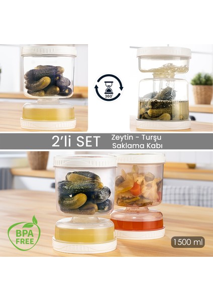 2'li Süzgeçli Sızdırmaz Turşuluk Çevir Kullan Zeytinlik Saklama Kabı 1,5 Lt Şeffaf