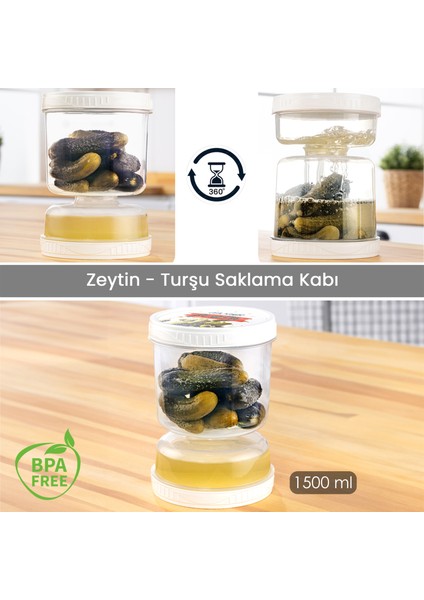 Süzgeçli Sızdırmaz Zeytinlik Çevir Kullan Turşuluk Saklama Kabı 1,5 Lt Şeffaf