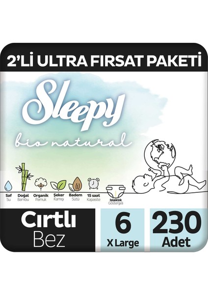 Bio Natural 2'li Ultra Fırsat Paketi Bebek Bezi 6 Numara Xlarge 230 Adet