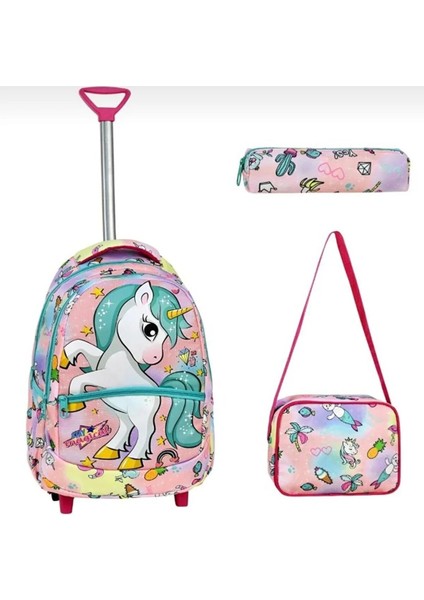 Çekçekli Okul Çantası Kız Çocuk At Model Beslenme Çantalı Kalemlikli 3 Lü Set Okul Çantası