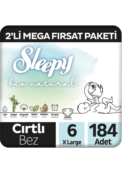 Bio Natural 2'li Mega Fırsat Paketi Bebek Bezi 6 Numara Xlarge 184 Adet