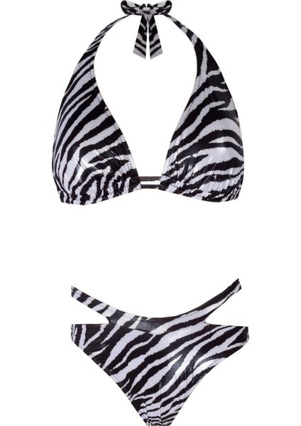 Balensiz Kopçalı Zebra Desenli Bikini Takımı