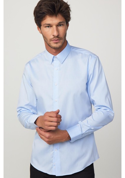 Slim Fit Mavi Non-Iron %100 Pamuk Doğa Dostu Ekoteks Belgeli Ütü Gerektirmez Gömlek