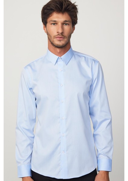 Slim Fit Mavi Non-Iron %100 Pamuk Doğa Dostu Ekoteks Belgeli Ütü Gerektirmez Gömlek fiyatları