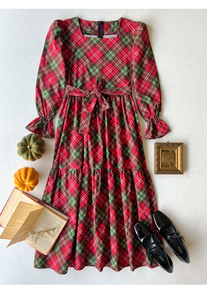 Kırmızı Ekose Kare Yaka Kat Kat Anne-Kız Çocuk Kombin fiyatları