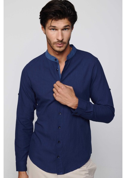 Slim Fit Düz Hakim Yaka Kol Apoletli Ketenli Indigo Erkek Gömlek