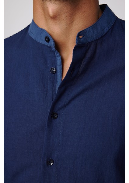 Slim Fit Düz Hakim Yaka Kol Apoletli Ketenli Indigo Erkek Gömlek fırsatları
