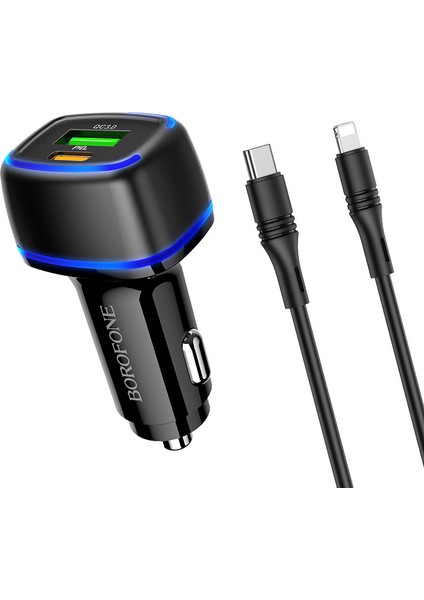 Araç Içi Şarj Cihazı Usb-A ve Usb-C Çift Çıkışlı Toplam Çıkış 5V / 3A PD20W + Qc3.0 Kablolu Set 1 Metre Type-C To Type-C Kablo BZ14A Mercury