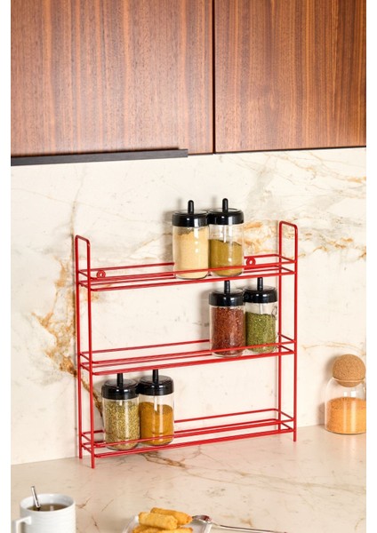 3 Katlı Kırmızı Baharatlık Düzenleyici, Baharatlıksız- Metal Paslanmaz