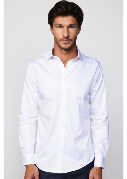 Slim Fit Dar Kesim Saten Özel Seri Beyaz Erkek Gömlek modelleri