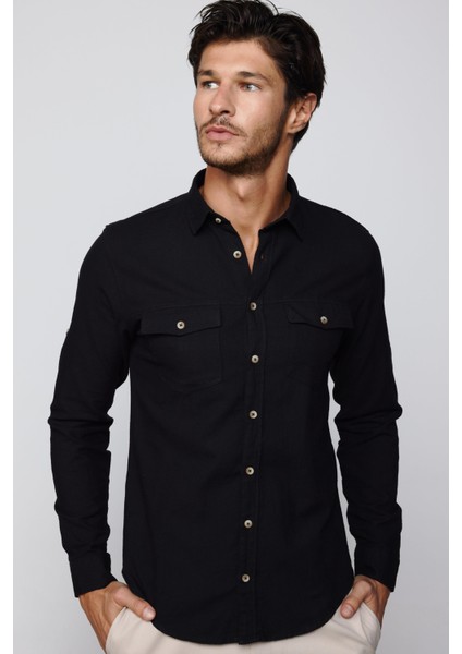 Slim Fit Uzun Kol Çift Cep Pamuk Keten Spor Yaka Siyah Erkek Gömlek