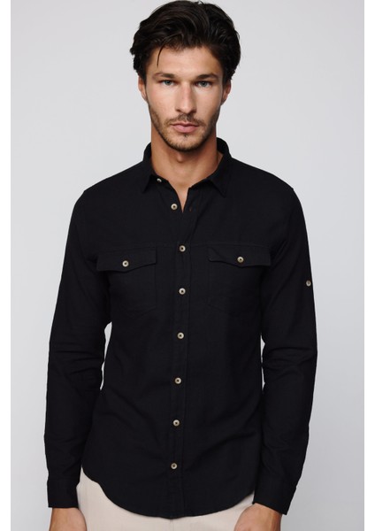 Slim Fit Uzun Kol Çift Cep Pamuk Keten Spor Yaka Siyah Erkek Gömlek modelleri