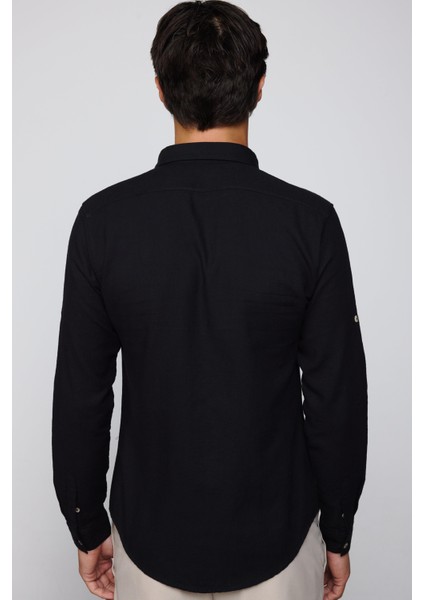 Slim Fit Uzun Kol Çift Cep Pamuk Keten Spor Yaka Siyah Erkek Gömlek indirimleri