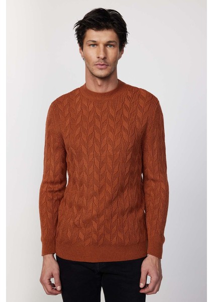 Slim Fit Bisiklet Yaka Desenli Tarçın Erkek Triko Kazak