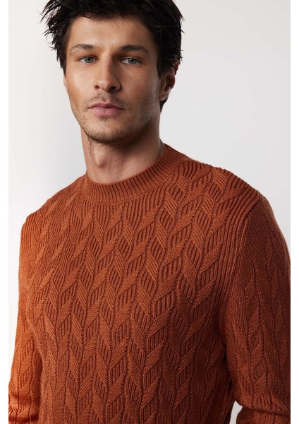 Slim Fit Bisiklet Yaka Desenli Tarçın Erkek Triko Kazak fiyatları