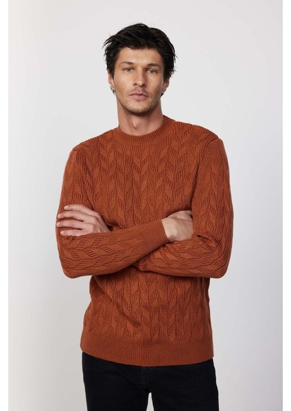 Slim Fit Bisiklet Yaka Desenli Tarçın Erkek Triko Kazak modelleri