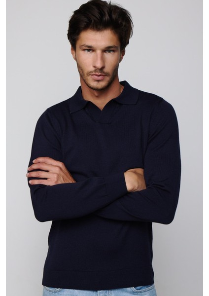 Slim Fit Dar Kesim Polo V Yaka Lacivert Erkek Triko Kazak
