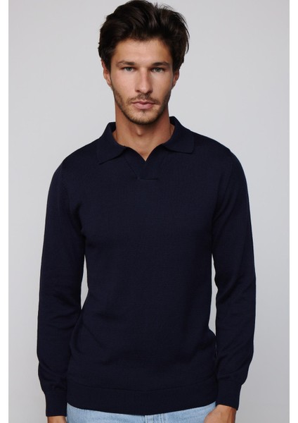 Slim Fit Dar Kesim Polo V Yaka Lacivert Erkek Triko Kazak fiyatları