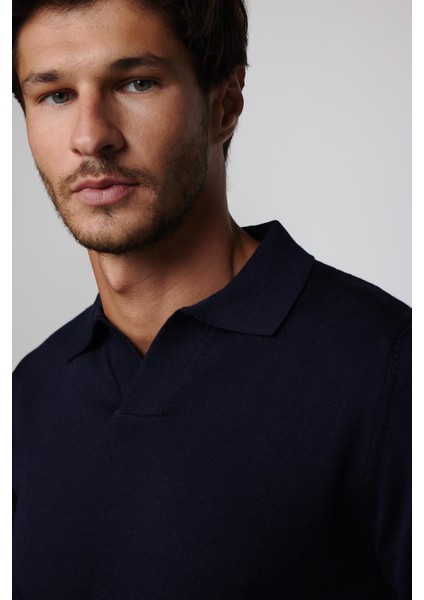 Slim Fit Dar Kesim Polo V Yaka Lacivert Erkek Triko Kazak modelleri