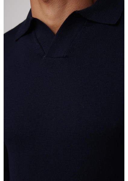 Slim Fit Dar Kesim Polo V Yaka Lacivert Erkek Triko Kazak fırsatları
