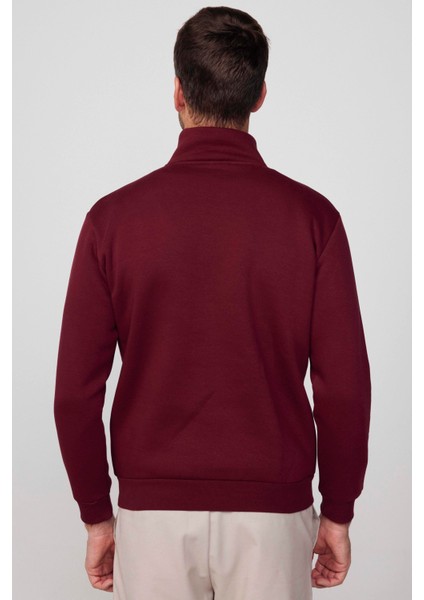 Unisex Relax Fit Rahat Kesim Pamuklu İçi Polarlı Yarım Fermuarlı Bordo Dik Yaka Sweatshirt