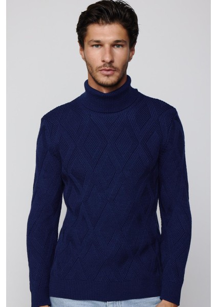 Slim Fit Dar Kesim Tam Balıkçı Yaka Desenli Sax Mavi Erkek Triko Kazak modelleri