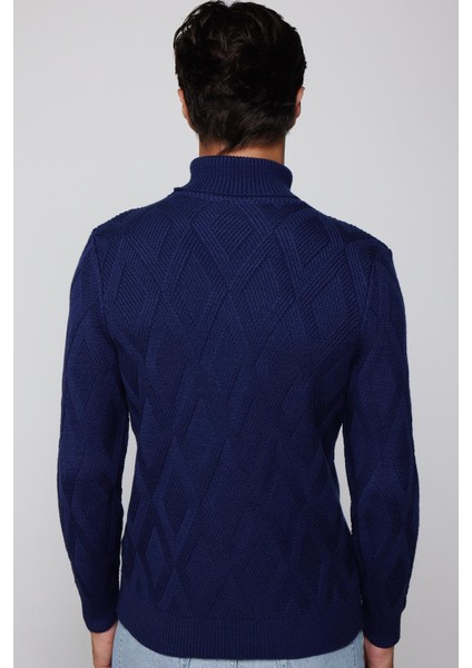 Slim Fit Dar Kesim Tam Balıkçı Yaka Desenli Sax Mavi Erkek Triko Kazak indirimleri