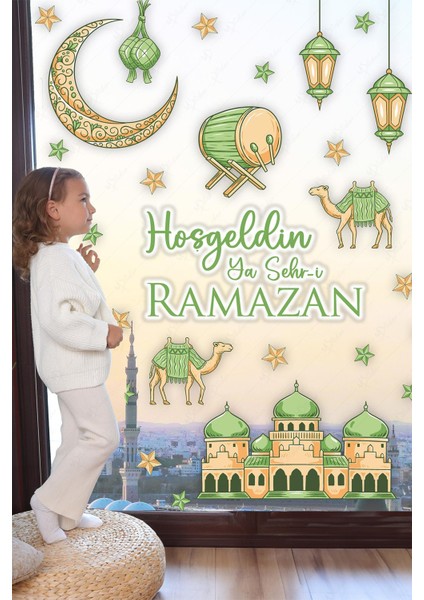 Hoşgeldin Ya Şehr-I Ramazan Yeşil Tonlarda Cami Hilal Develerden Oluşan Cam Duvar Sticker Seti Ramazan Süsleri Seti