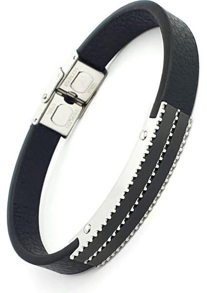 Siyah Rodajli 316L Çelik Detaylı Deri Erkek Bileklik