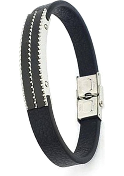 Siyah Rodajli 316L Çelik Detaylı Deri Erkek Bileklik fiyatları