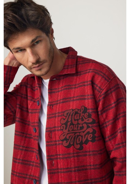 Relax Fit Kışlık Kareli Baskılı Fleto Cep Salaş Oduncu Kırmızı-Siyah Erkek Gömlek