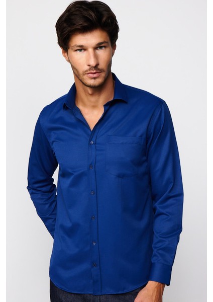 Klasik Fit Uzun Kol Kravatlık Armürlü Indigo Erkek Gömlek