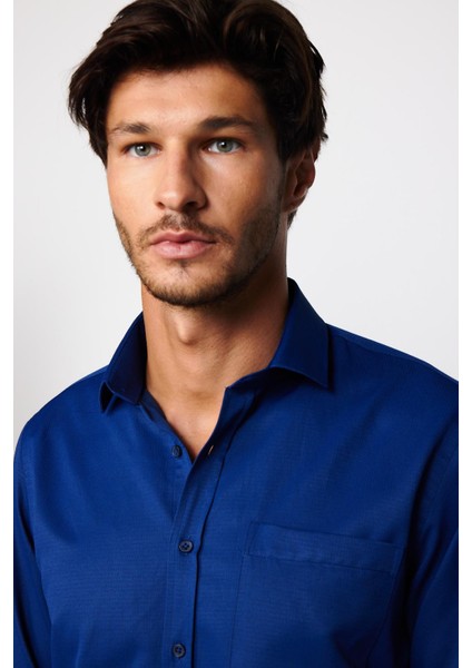 Klasik Fit Uzun Kol Kravatlık Armürlü Indigo Erkek Gömlek modelleri