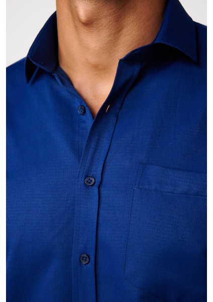 Klasik Fit Uzun Kol Kravatlık Armürlü Indigo Erkek Gömlek fırsatları